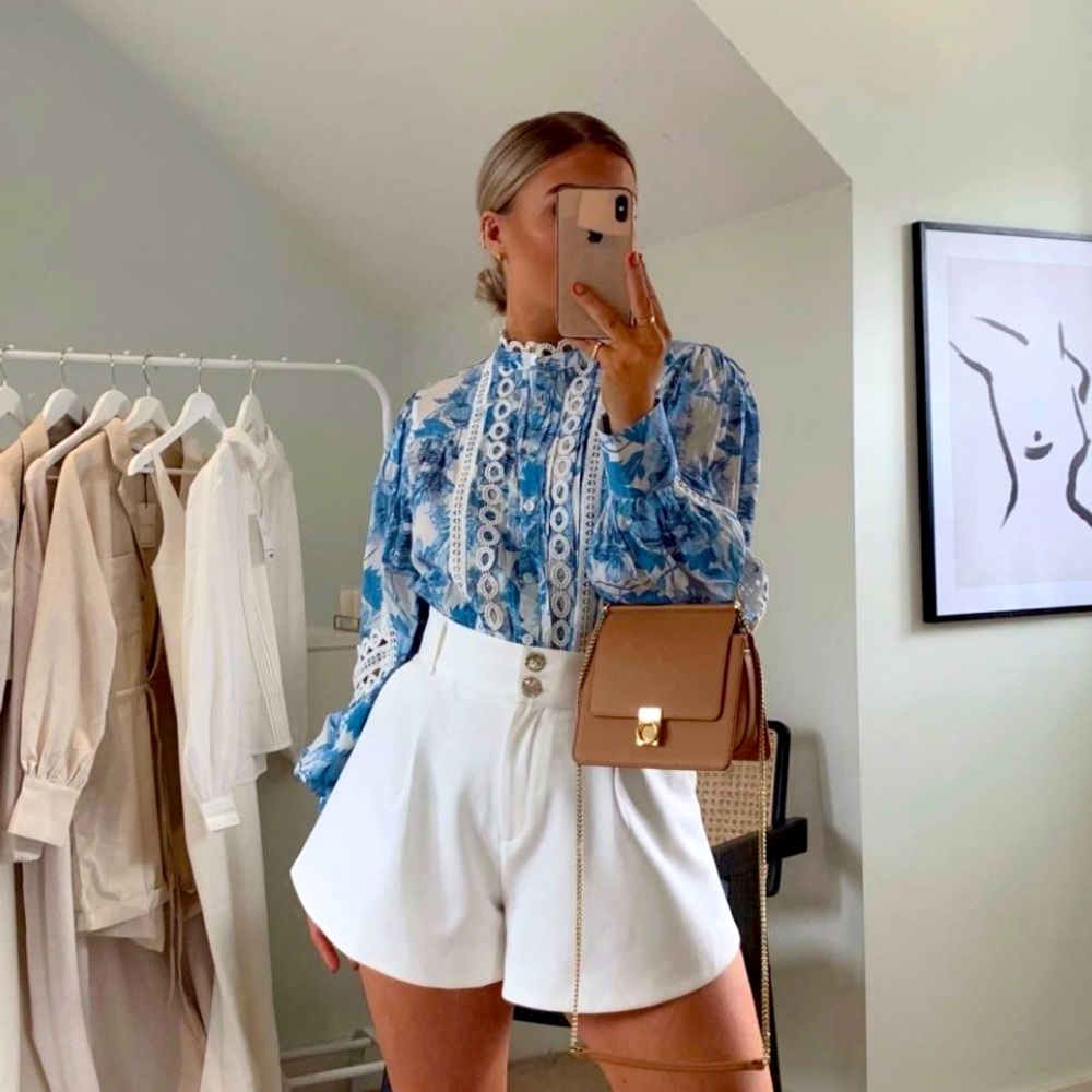 River Island blue floral lace trim blouse